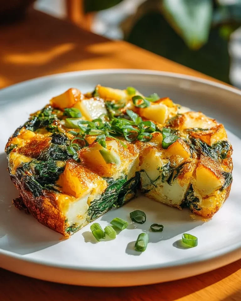 Frittata di patate e spinaci appena sfornata su un piatto bianco.