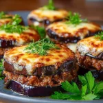 Melanzane ripiene decorate con ingredienti freschi e servite in un piatto