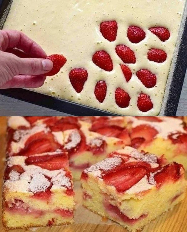 Pan di Spagna alle fragole decorato con fragole fresche e crema