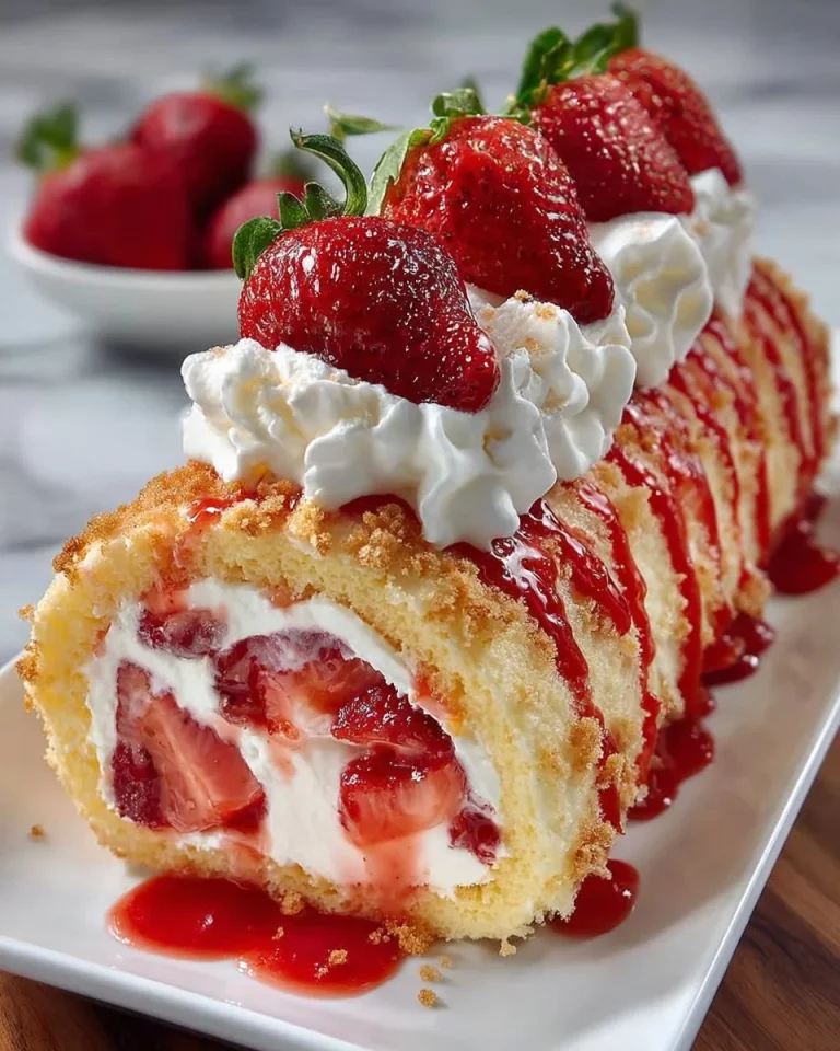 Rotolo di Cheesecake alle Fragole decorato con fragole fresche e crema