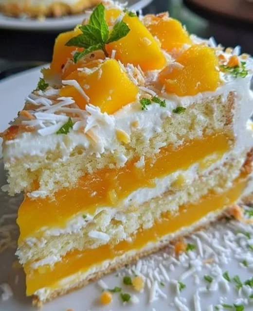 Deliziosa torta cheesecake al mango e cocco servita in un piatto
