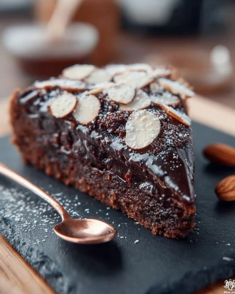 Fetta di torta di mandorle su piatto elegante