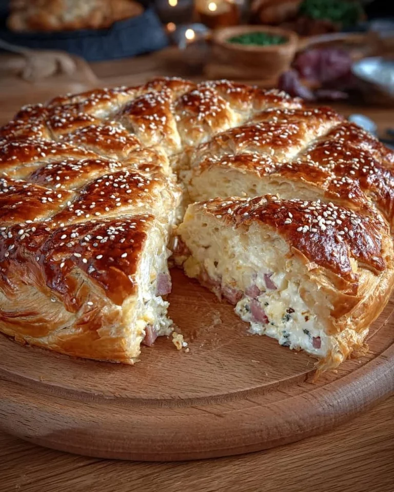 Torta di pasta sfoglia farcita con ricotta e prosciutto su un piatto