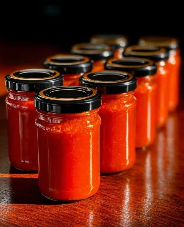 Ketchup di zucchine spesse con chili e coriandolo in un barattolo
