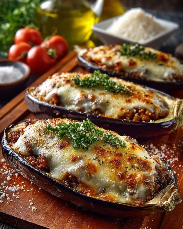 Melanzane ripiene servite su un piatto, preparate con ingredienti freschi e gustosi.