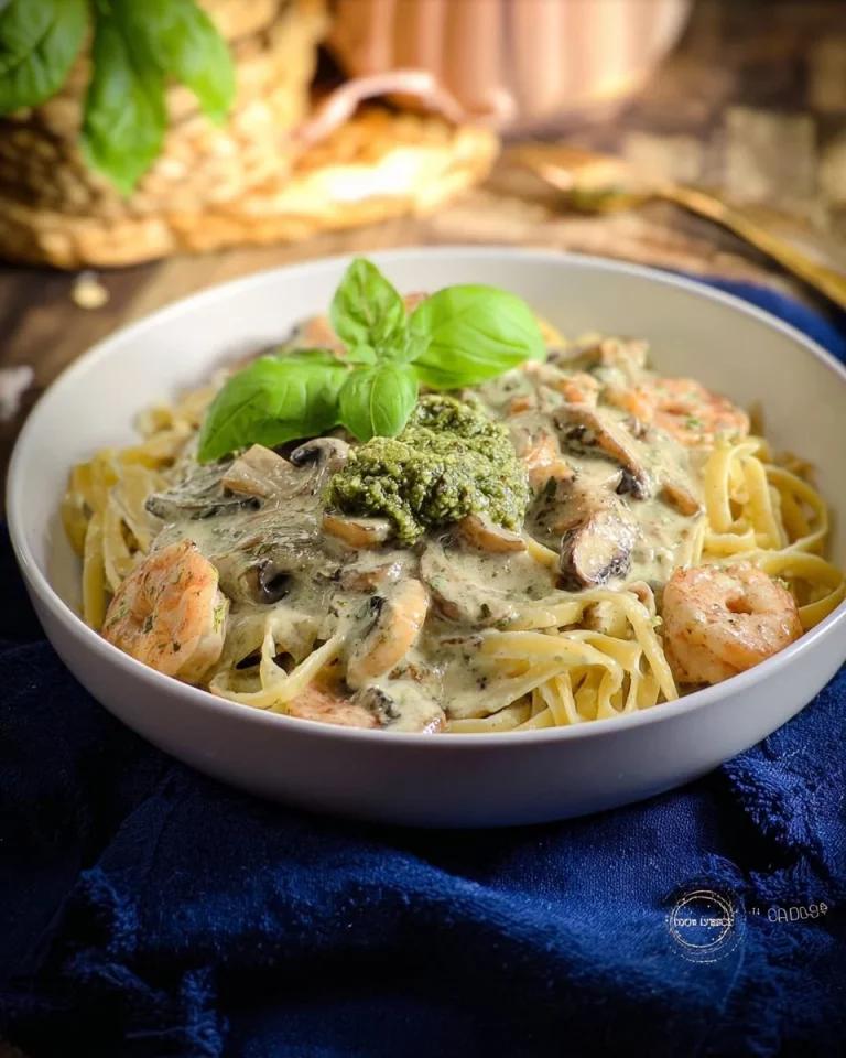 Tagliatelle con gamberi e salsa cremosa ai funghi in un piatto