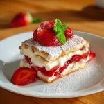 Tiramisù alle fragole decorato con fragole fresche e crema al mascarpone