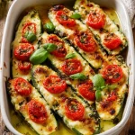 Zucchine ripiene arrosto con pomodori e mozzarella colorati e deliziosi