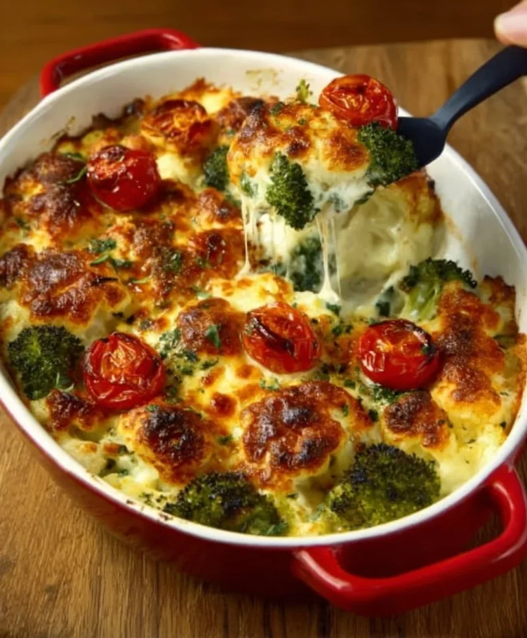 Fetta di crema di broccoli e cavolfiore servita in un piatto elegante.