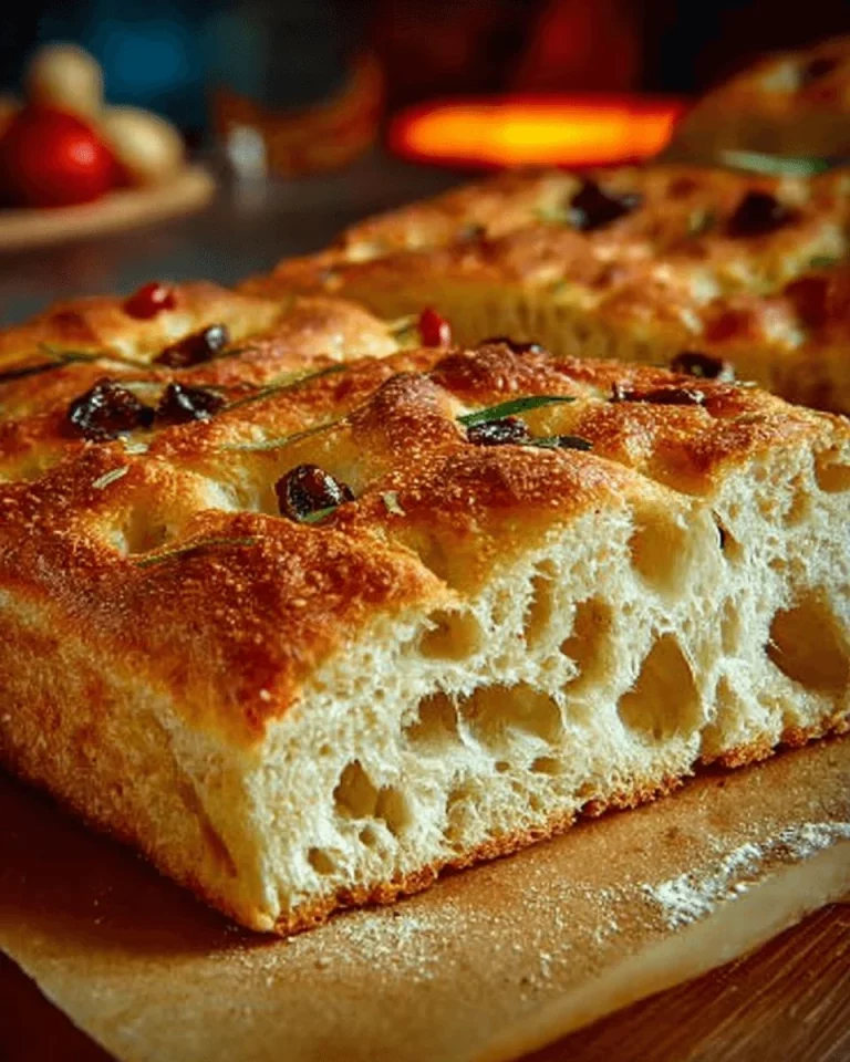 Focaccia al rosmarino e olive appena sfornata con erbe aromatiche