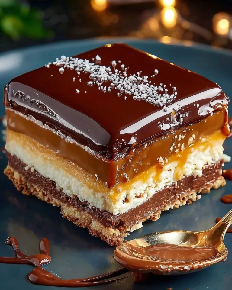 Dessert a strati al cioccolato e caramello con decorazioni golose.