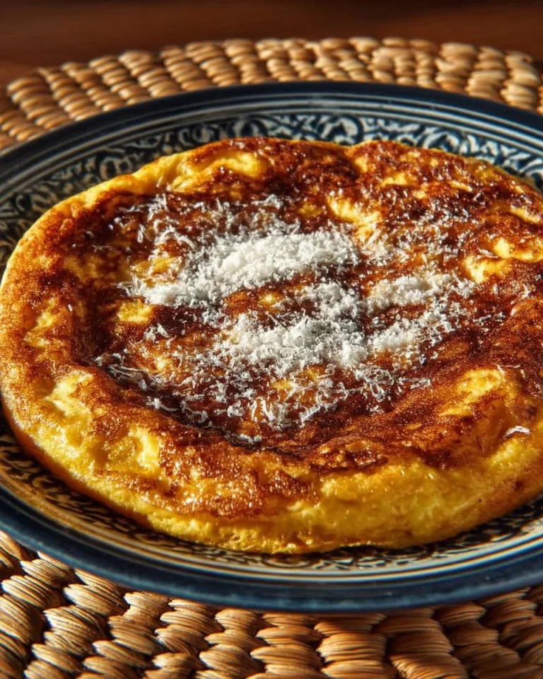 Frittata di cipolle dorata e appetitosa servita su un piatto.