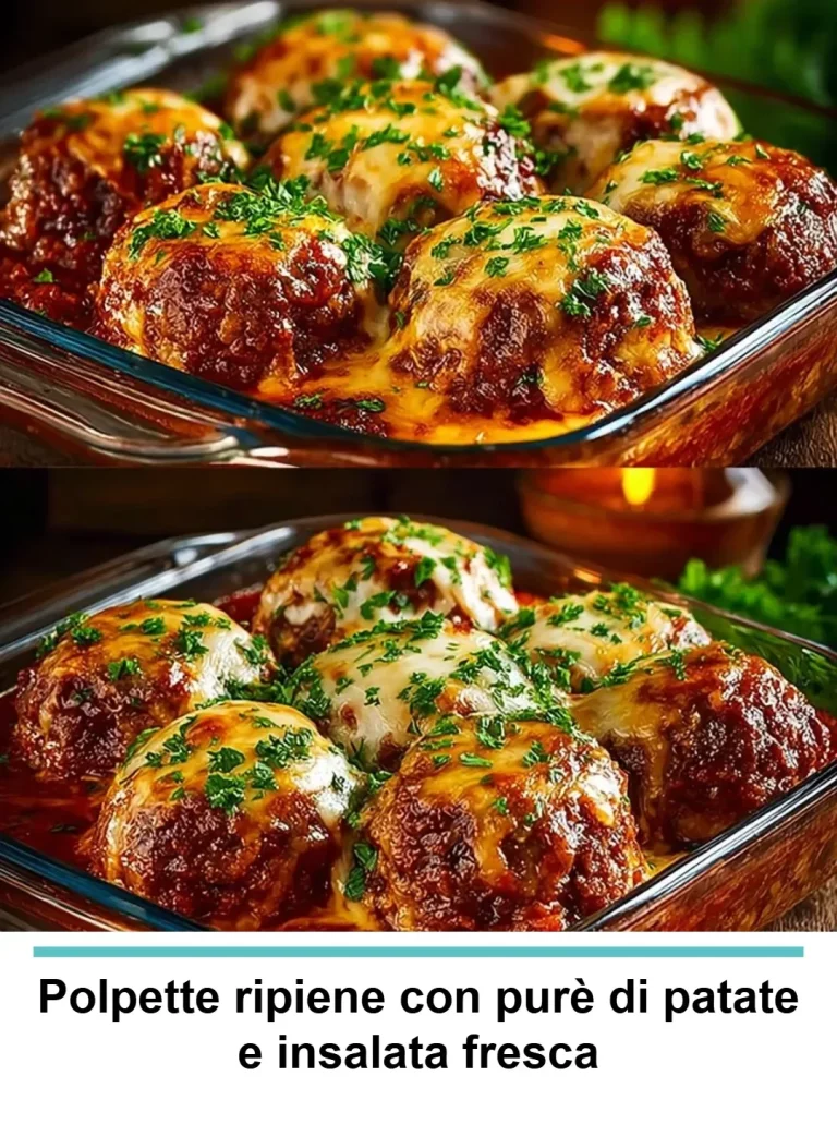 Polpette ripiene servite con purè di patate e insalata fresca