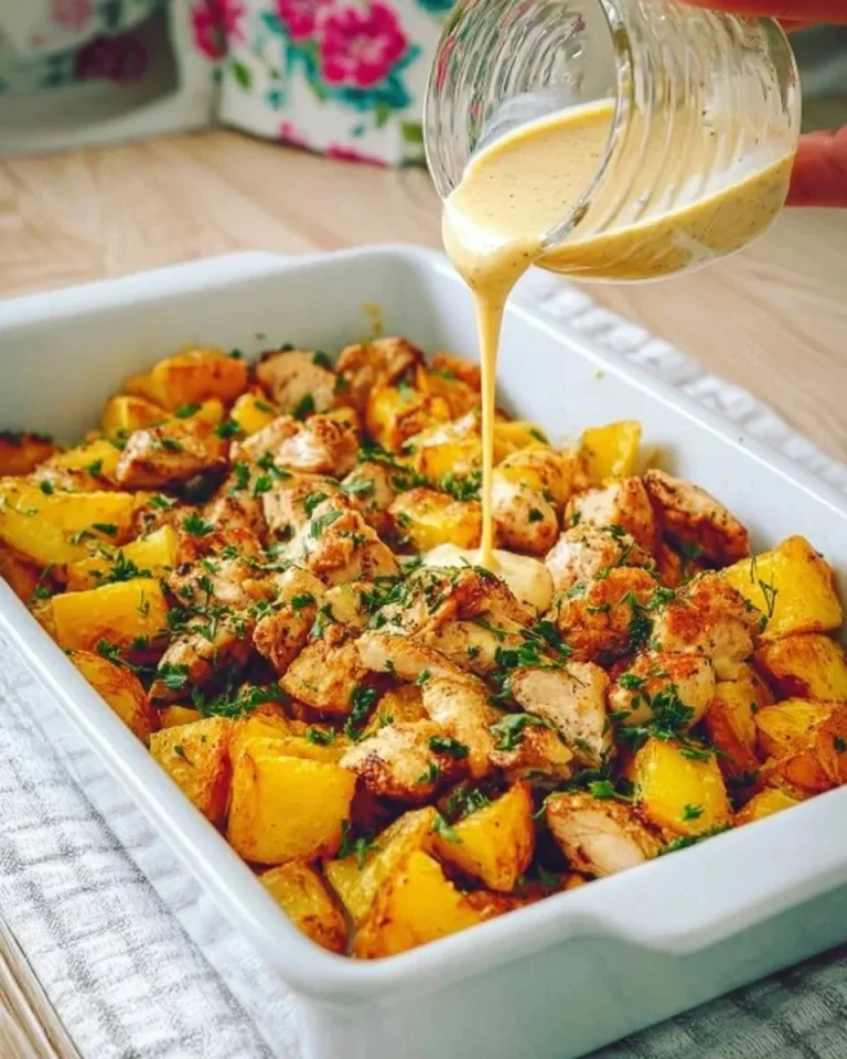 Pollo al forno con patate e formaggio, un piatto gustoso e semplice da preparare.