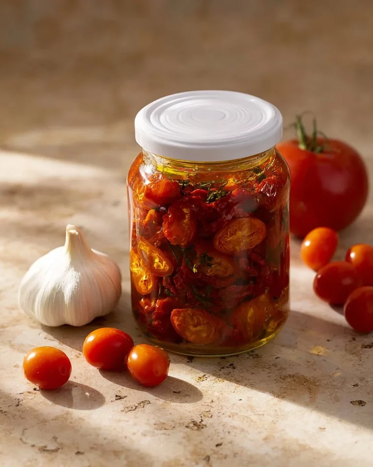 Pomodori al forno sott'olio in un barattolo, deliziosa ricetta italiana.