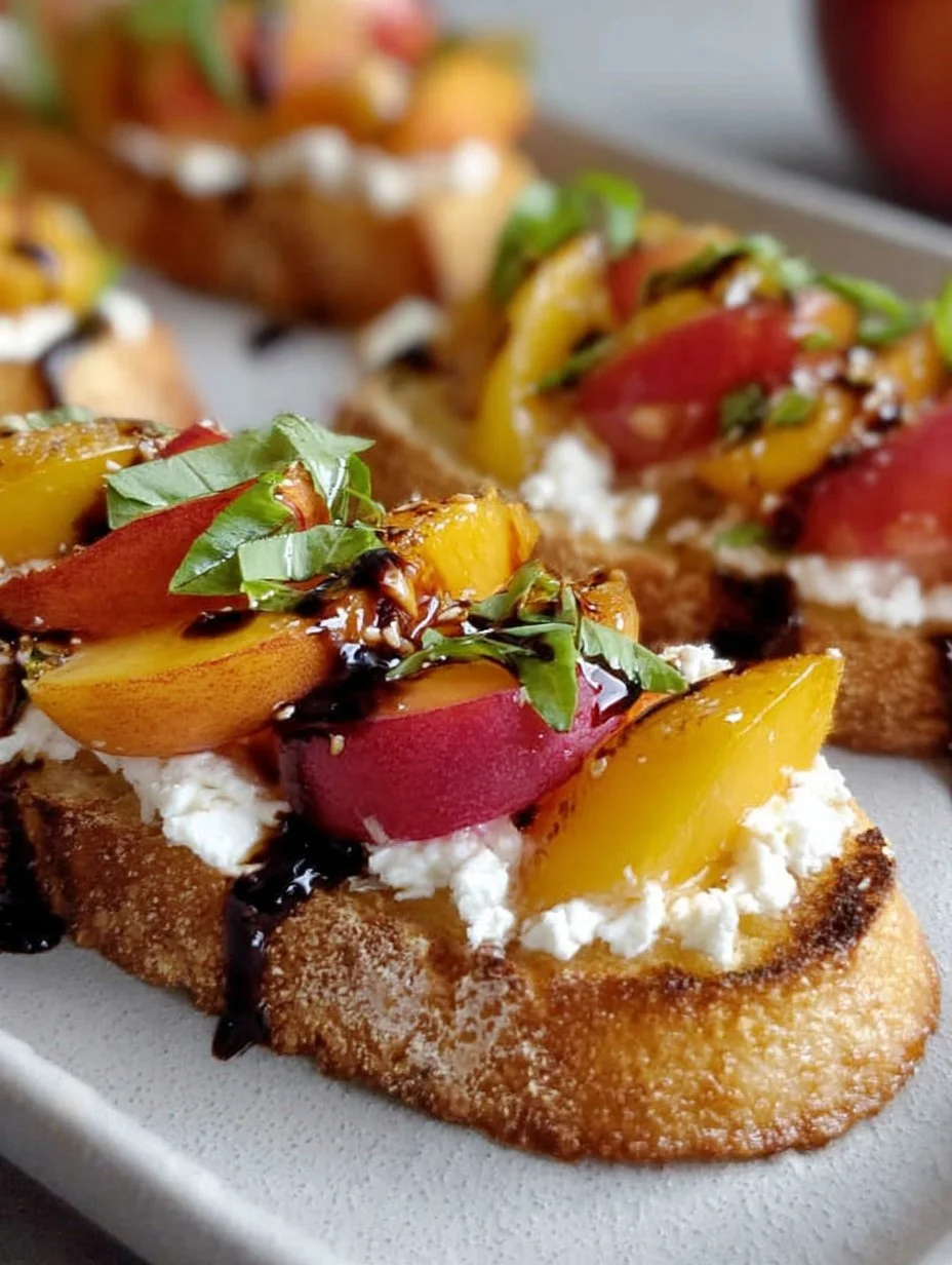 Bruschetta di pesche con ricotta montata su un tagliere