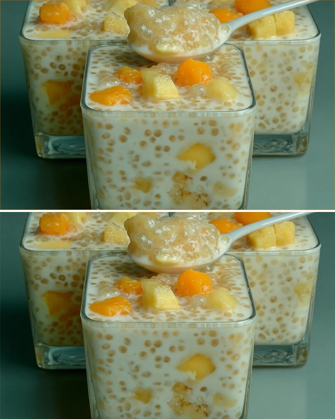 Dessert di Mango e Banana con Sago, un dolce tropicale fresco e gustoso.