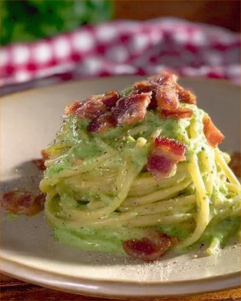 Pasta con broccoli e pesto di mandorle con pancetta dorata