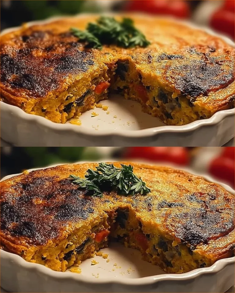 Torta salata con melanzane e formaggio appena sfornata su un piatto bianco.