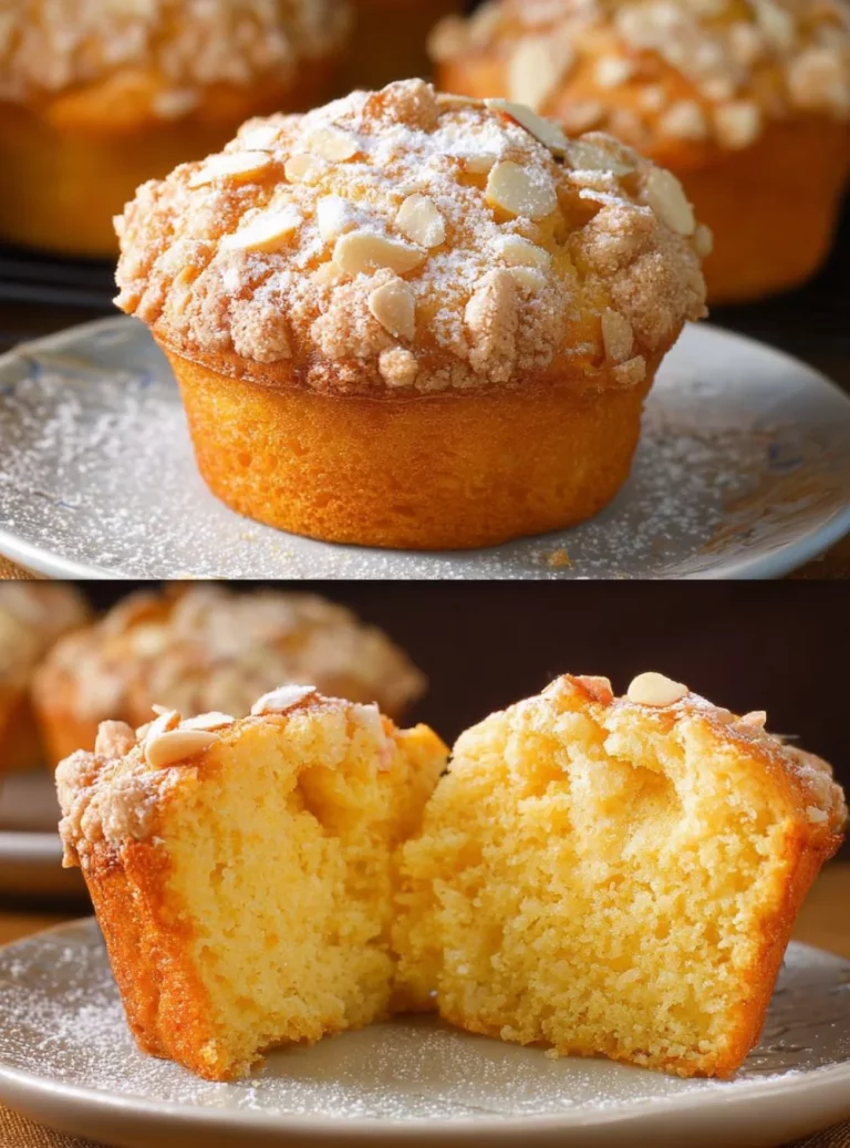 Muffin all'arancia con crumble di mandorle freschi su un piatto