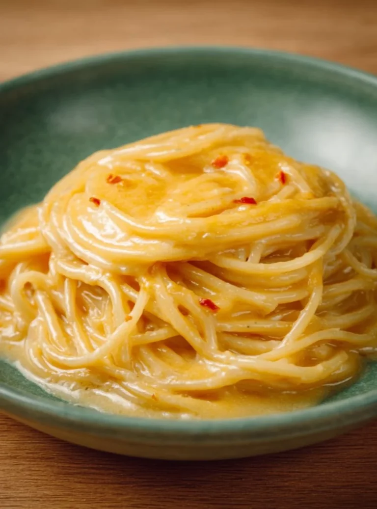 Spaghetti con crema all'aglio e pangrattato al limone in un piatto delizioso