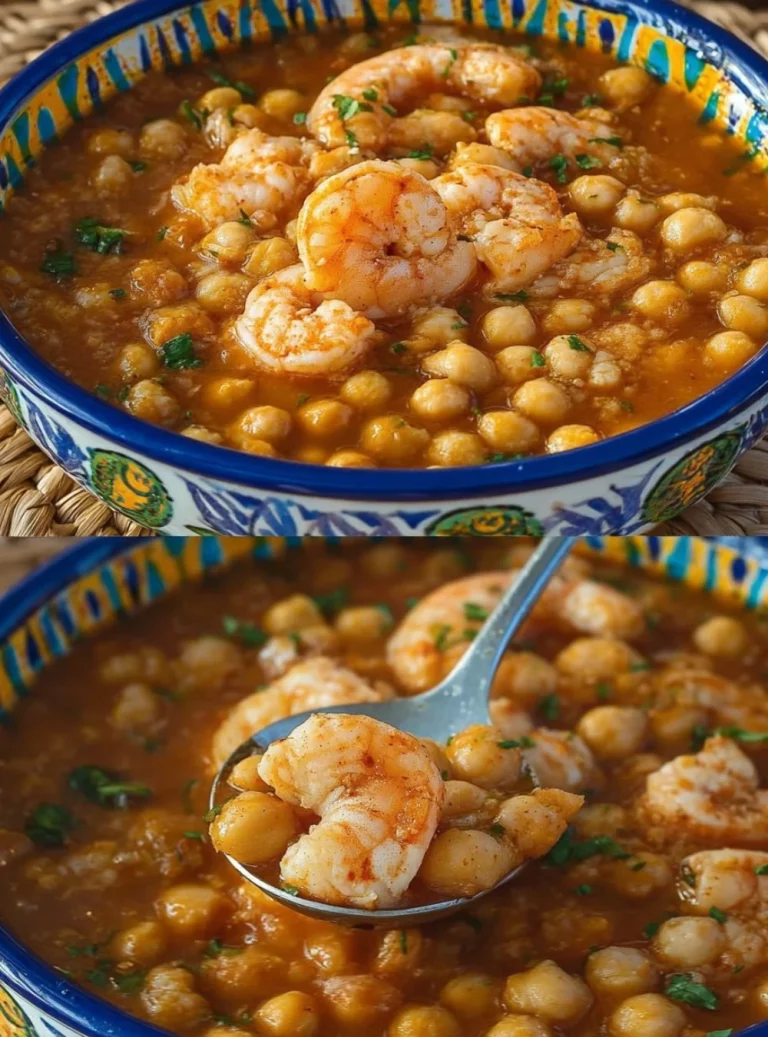 Zuppa di ceci con calamari e gamberi servita in una ciotola.