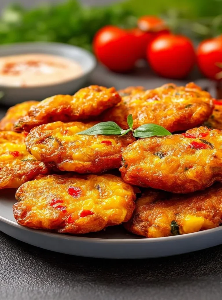 Frittelle Mediterranee dorate e croccanti servite su un piatto con decorazione