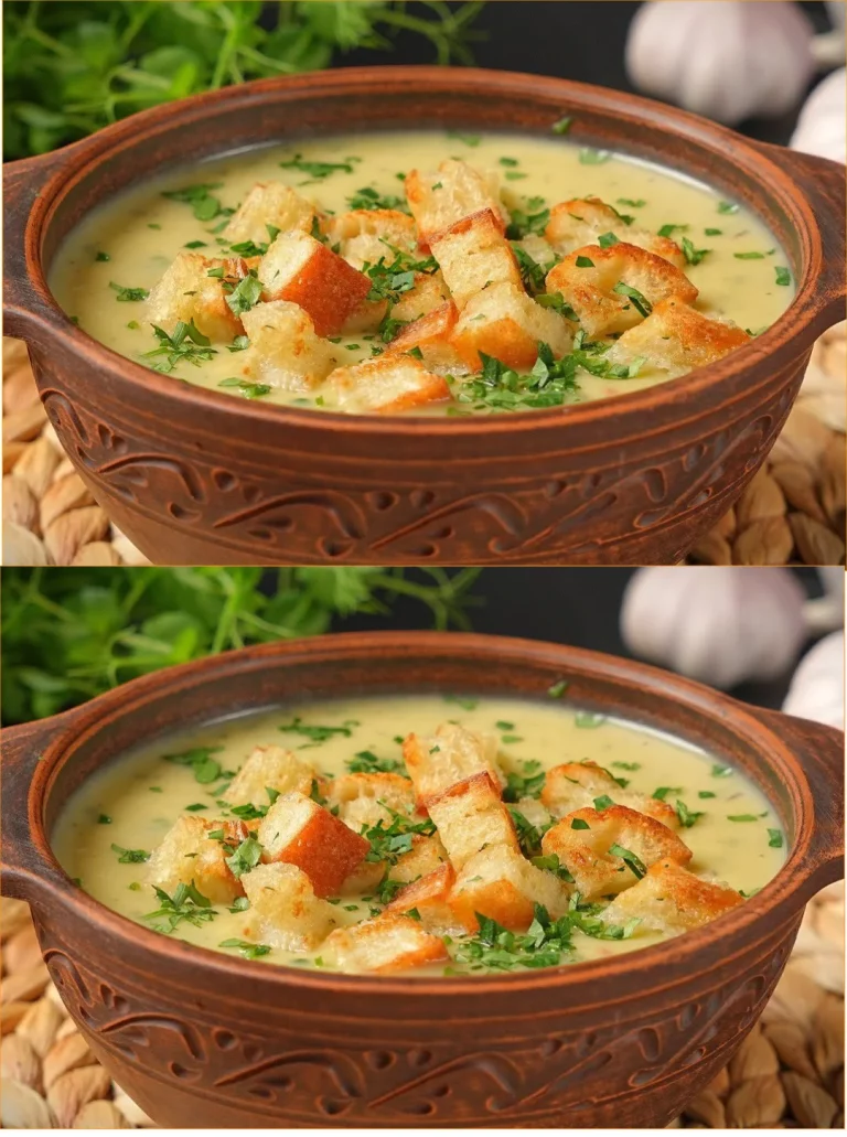 Zuppa d'aglio invernale della nonna, calda e gustosa in una ciotola