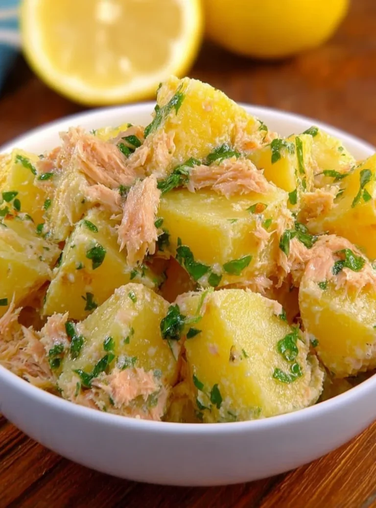 Piatto di patate al tonno prontamente servito.