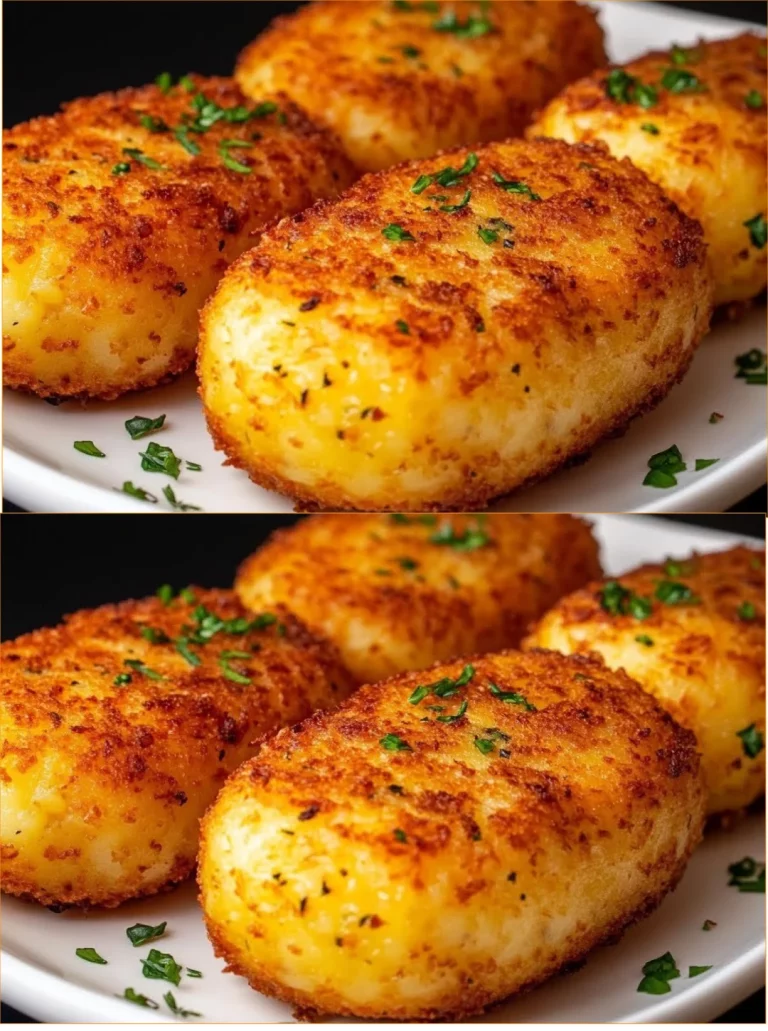 Patties di patate e salsiccia su un piatto, pronti per essere serviti.