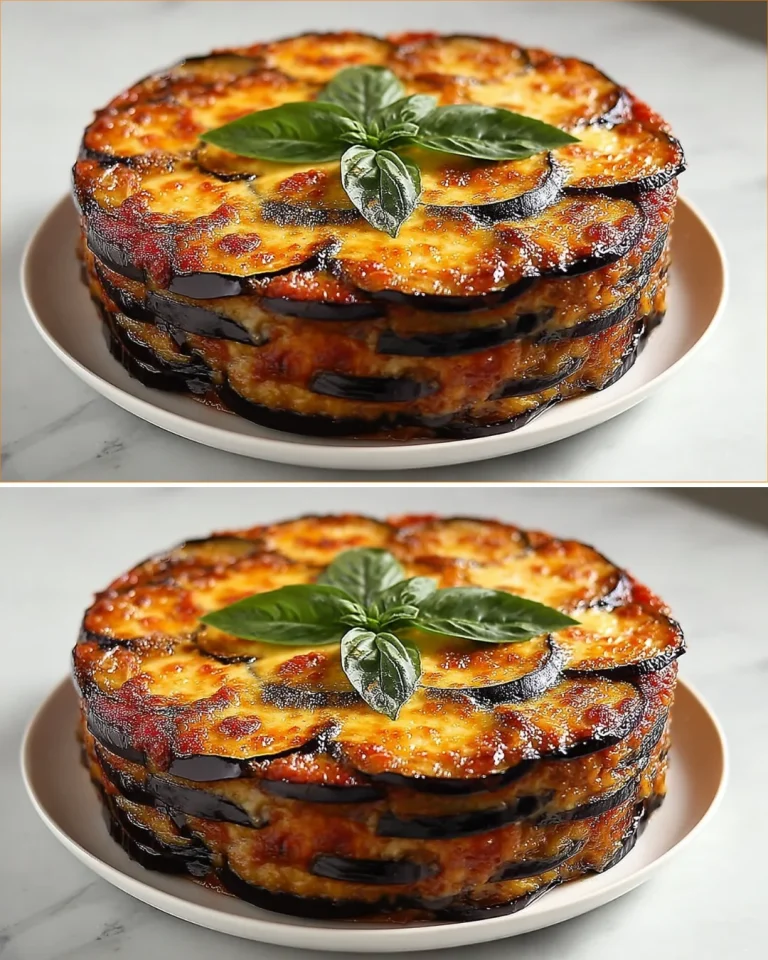 Torta di melanzane servita su un piatto bianco con decorazioni fresche.