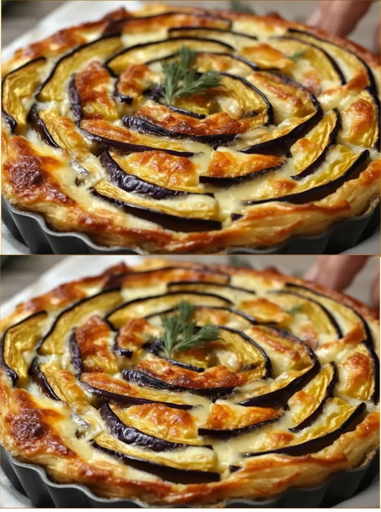 Torta di melanzane e formaggio servita su un piatto elegante.