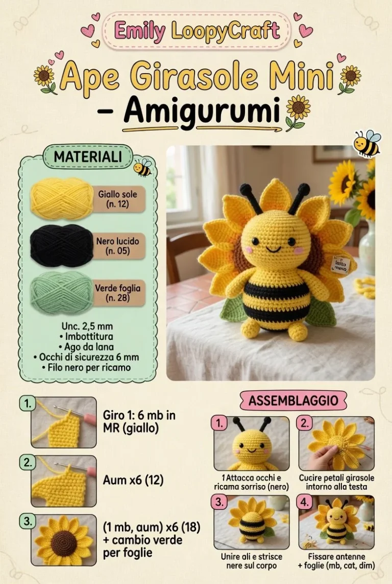 Ape Girasole Mini in amigurumi colorato e adorabile, perfetta per collezionisti.