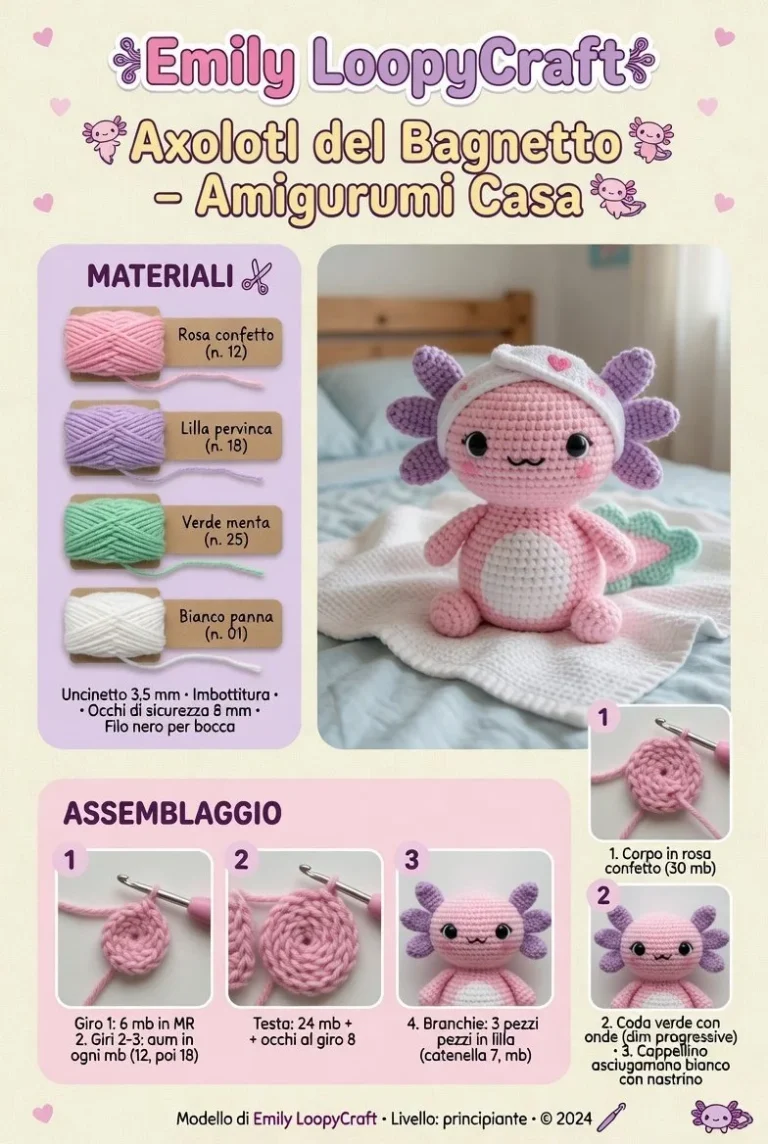 Axolotl Amigurumi Sognatore nel laghetto fatto a mano, colorato e delicato.