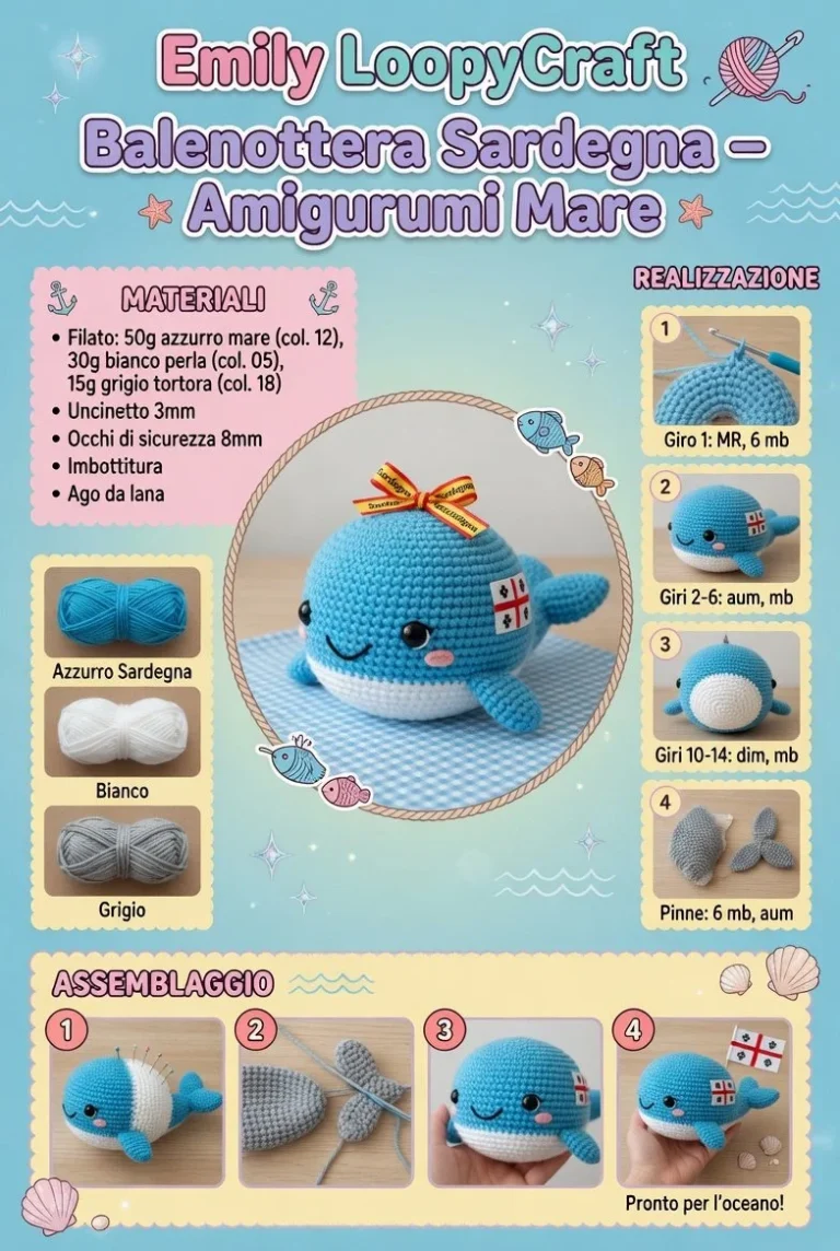 Amigurumi di Balenottera Sardegna, un delizioso modello di creatività marina.