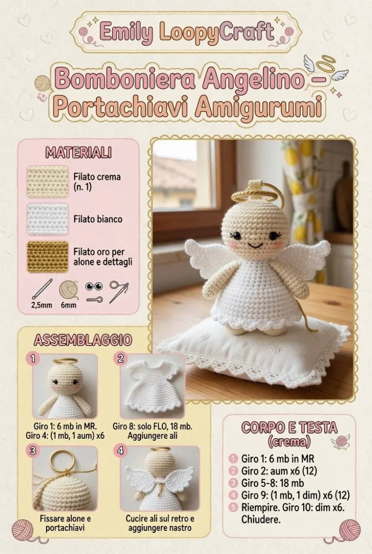 Portachiavi Amigurumi Bomboniera Angelino, regalo creativo e unico