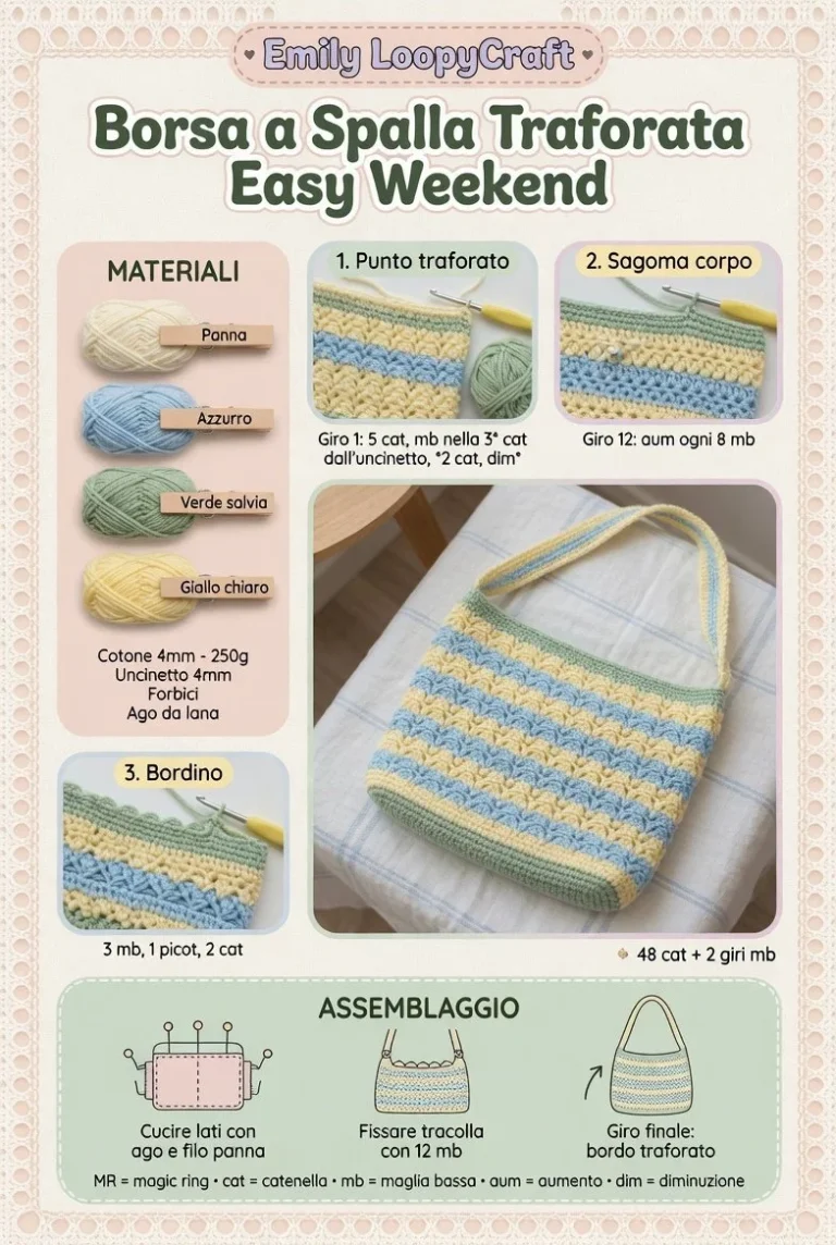 Borsa a spalla traforata all'uncinetto, progetto facile per il weekend