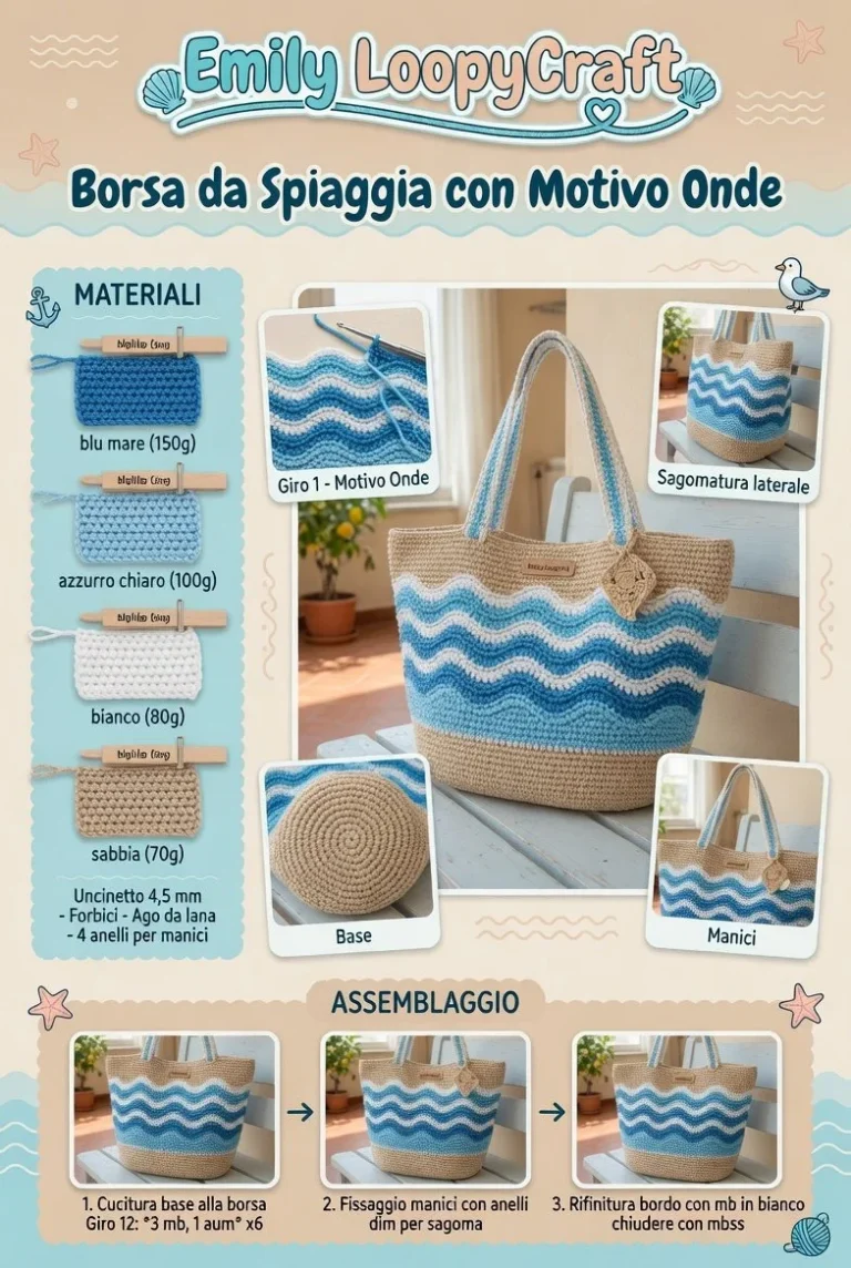 Borsa da spiaggia all'uncinetto con motivo onde, realizzata passo passo