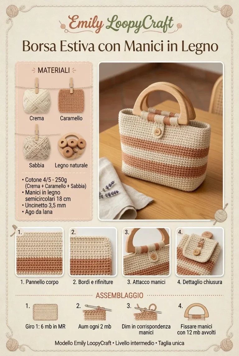 Borsa estiva all'uncinetto con manici in legno, creazione passo passo