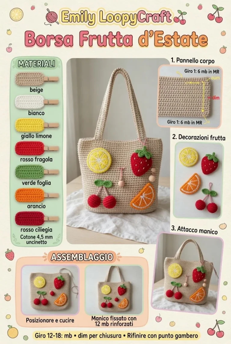 Borsa frutta d'estate realizzata all'uncinetto con design colorato e leggero