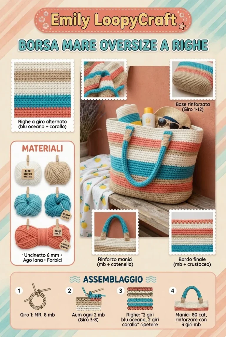 Borsa mare uncinetto oversize a righe realizzata seguendo una guida passo-passo.