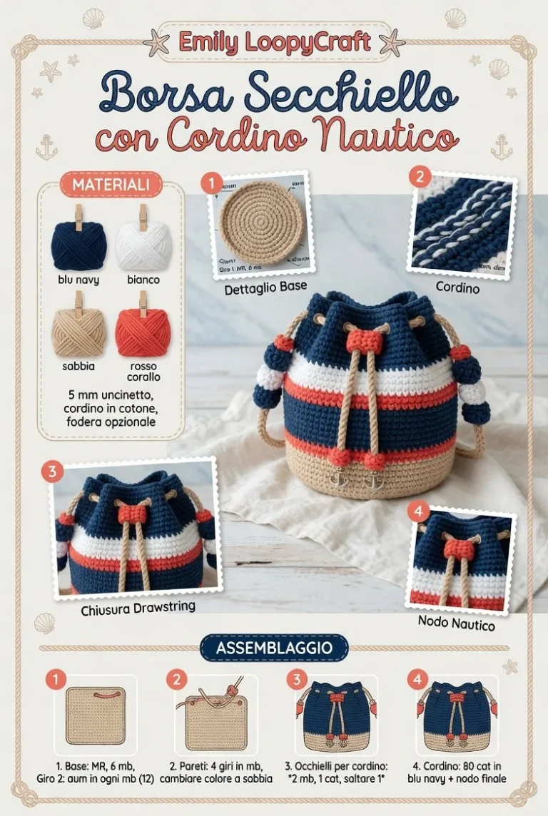 Borsa secchiello all’uncinetto con cordino nautico, progetto creativo