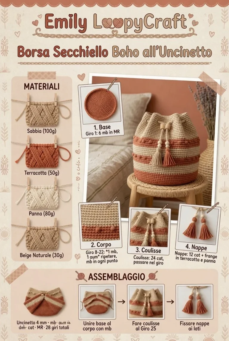 Borsa secchiello boho all’uncinetto in stile estivo