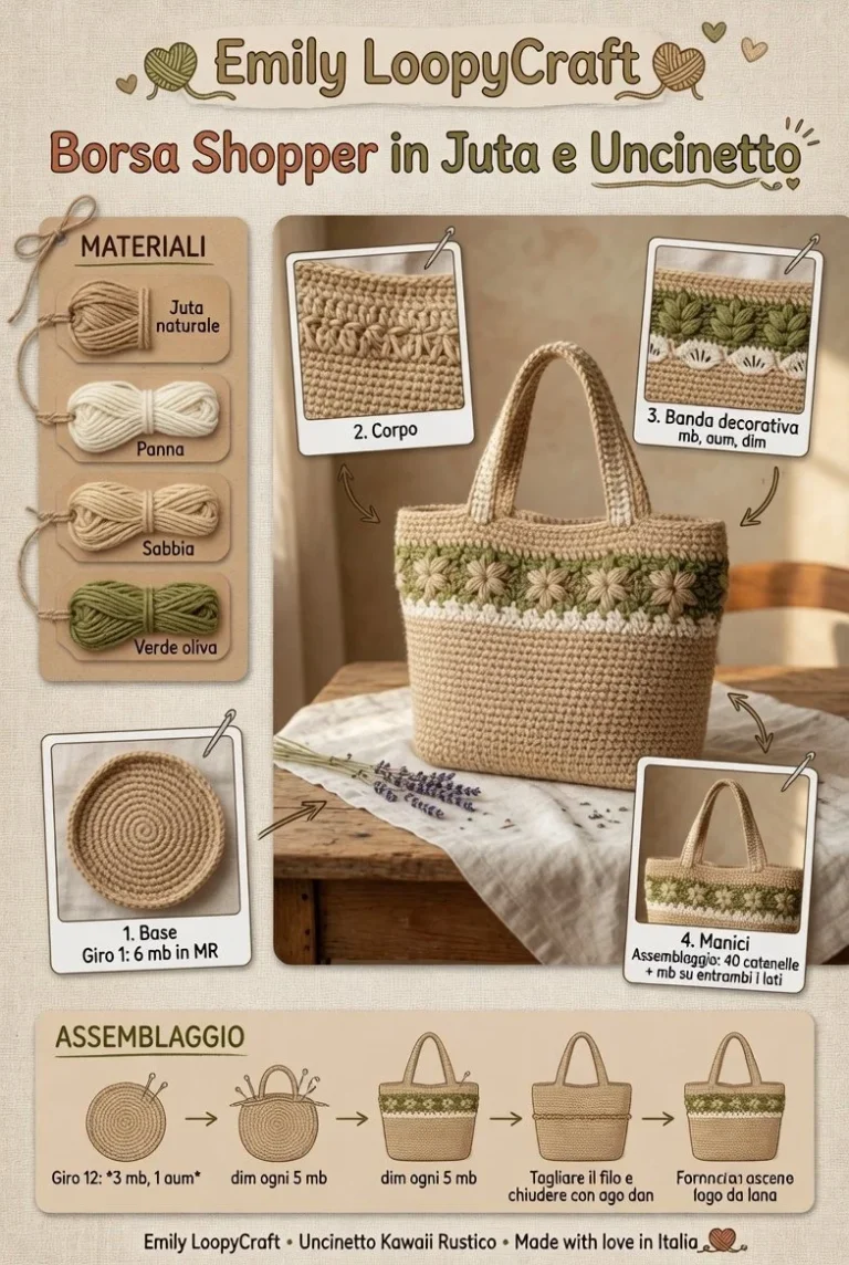 Borsa shopper in juta all'uncinetto, accessorio estivo elegante e leggero