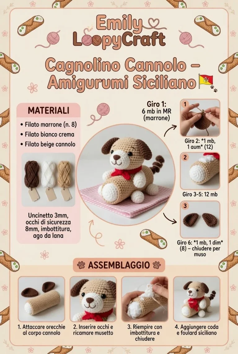 Cagnolino Cannolo Amigurumi Siciliano realizzato a mano in crochet
