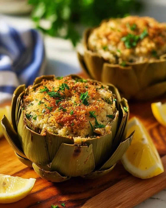 Carciofi Ripieni al Forno pronti per essere serviti con ingredienti freschi.