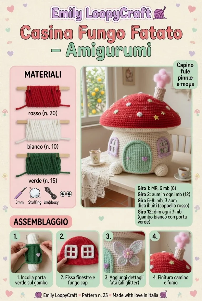 Amigurumi della Casina Fungo Fatato, creazioni artigianali ispirate ai funghi.