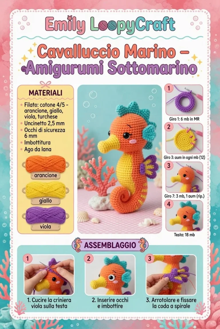 Amigurumi sottomarino a forma di Cavalluccio Marino realizzato a mano.