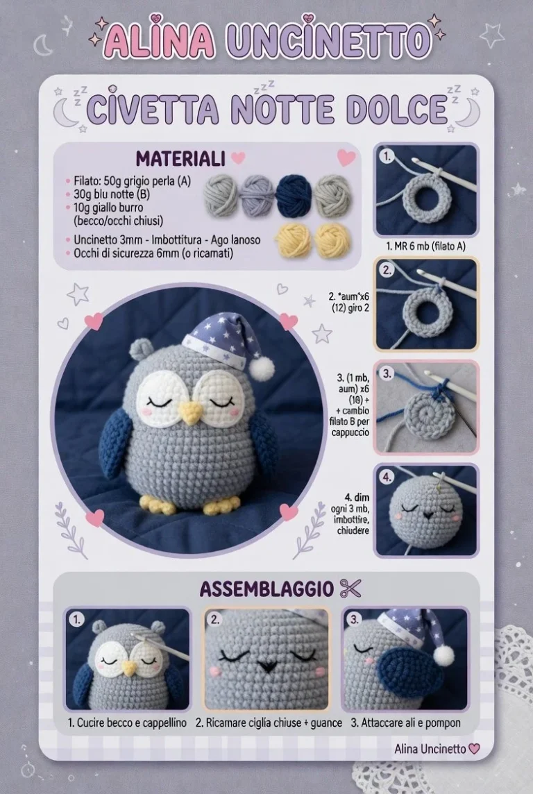 Civetta Amigurumi Notte Dolce, un dolce peluche dormiente in crochet.