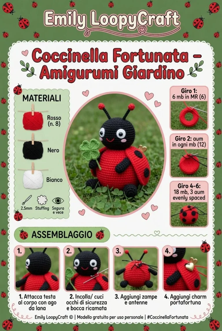 Coccinella Fortunata amigurumi nel giardino